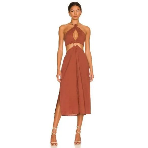 WEWOREWHAT Shell Chain Halter Midi Dress in Cappuccino - Picture 1 of 6